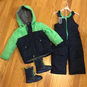 Carters boys snow pants, jacket, and boots.